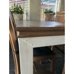 Teak houten eettafel met whitewash onderstel incl. 6 stoelen