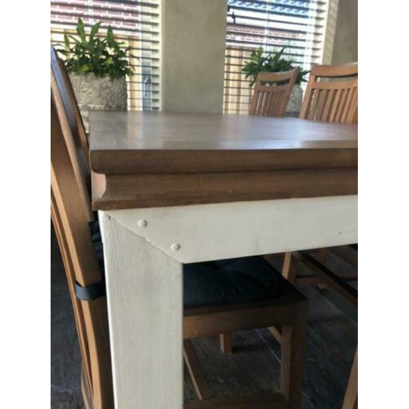 Teak houten eettafel met whitewash onderstel incl. 6 stoelen