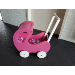 Poppenwagen kinderwagen hout roze