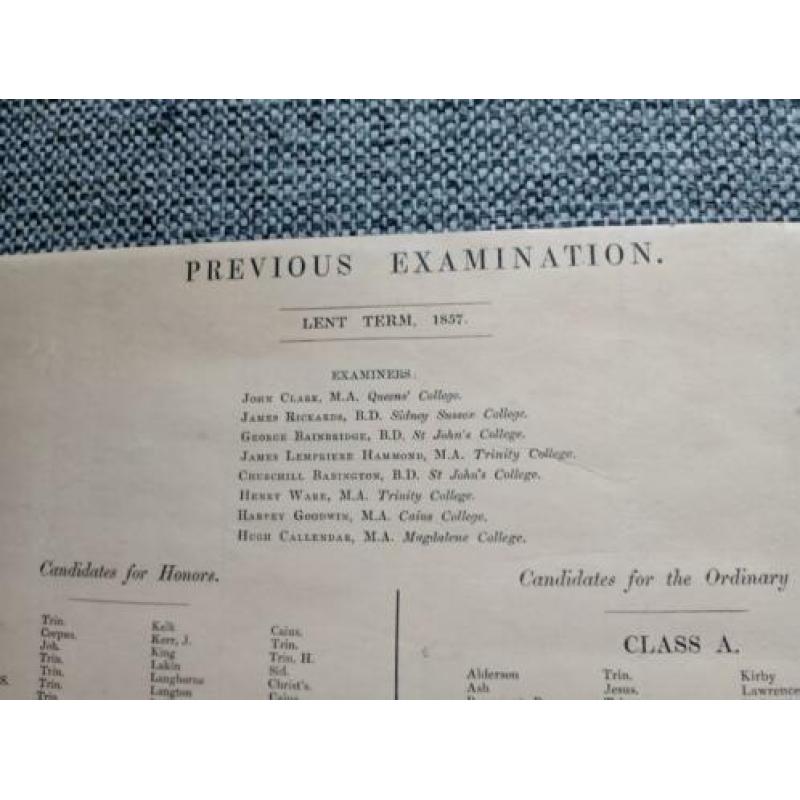 Antieke 1857 lijst previous examination engeland