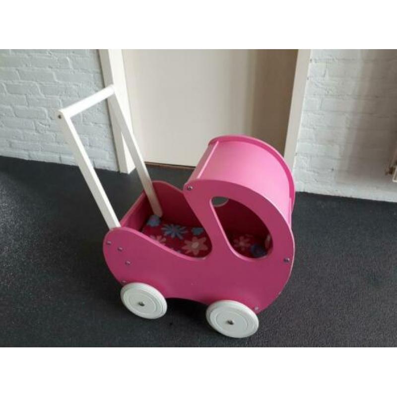 Poppenwagen kinderwagen hout roze