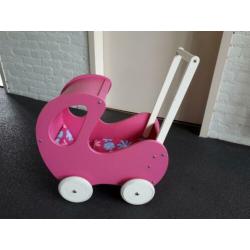 Poppenwagen kinderwagen hout roze