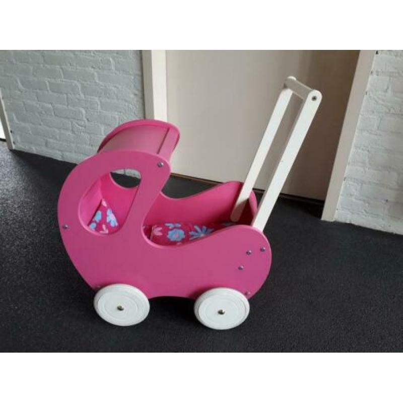 Poppenwagen kinderwagen hout roze