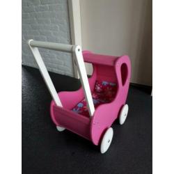 Poppenwagen kinderwagen hout roze