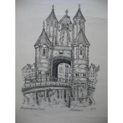 Vintage- Ets-Tekening-Haarlem - Amsterdamse Poort -1984