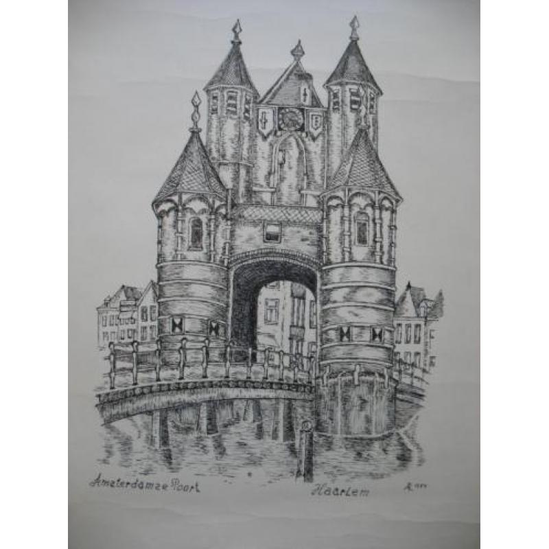 Vintage- Ets-Tekening-Haarlem - Amsterdamse Poort -1984