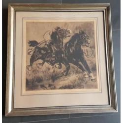 Schilderij litho Oud ? ets of druk paarden gesigneerd