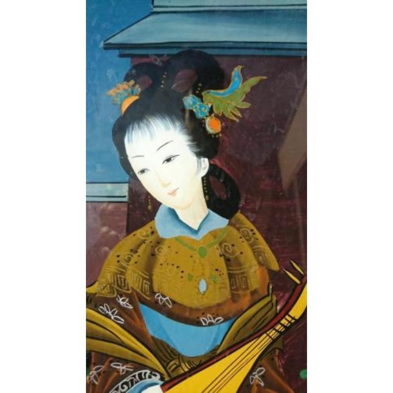 ~1940/50 Japanse schilderij op glas, Geisha speelt luit