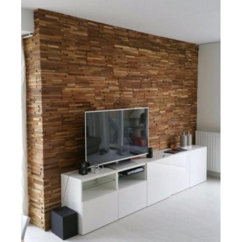 houten wand houtstrip wandbekleding panelen uniek behang raw