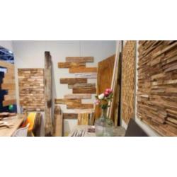 houten wand houtstrip wandbekleding panelen uniek behang raw